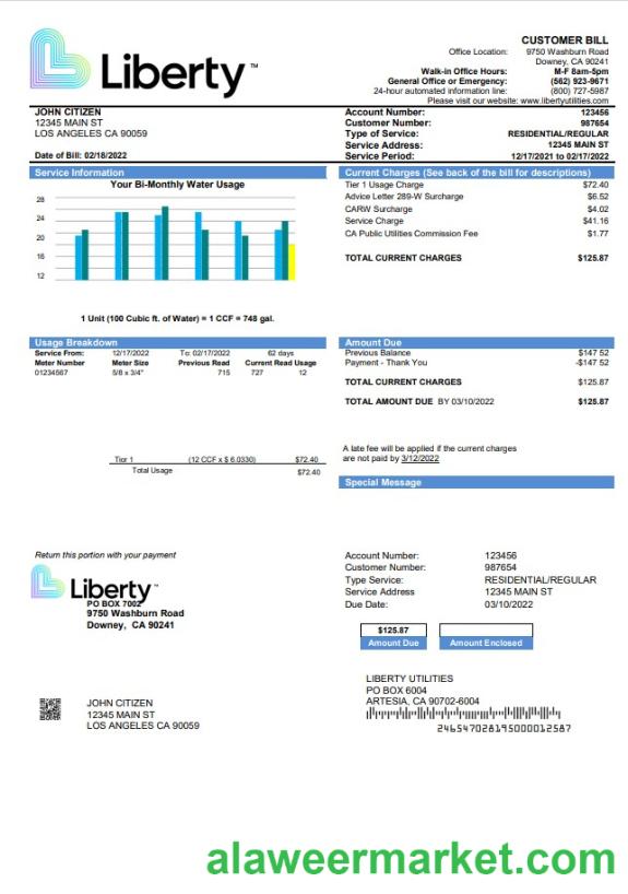 USA California Liberty Utilities utility bill template in Word and PDF format